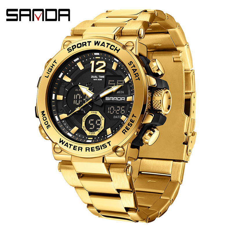 Sanda foreign trade best selling electronic watch fashion business steel band luminous wrist watch multi-functional dual display men's watch wholesale Rebel