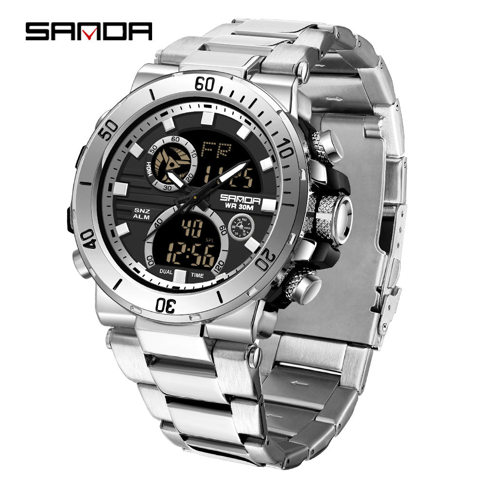 Sanda foreign trade best selling electronic watch fashion business steel band luminous wrist watch multi-functional dual display men's watch wholesale Rebel