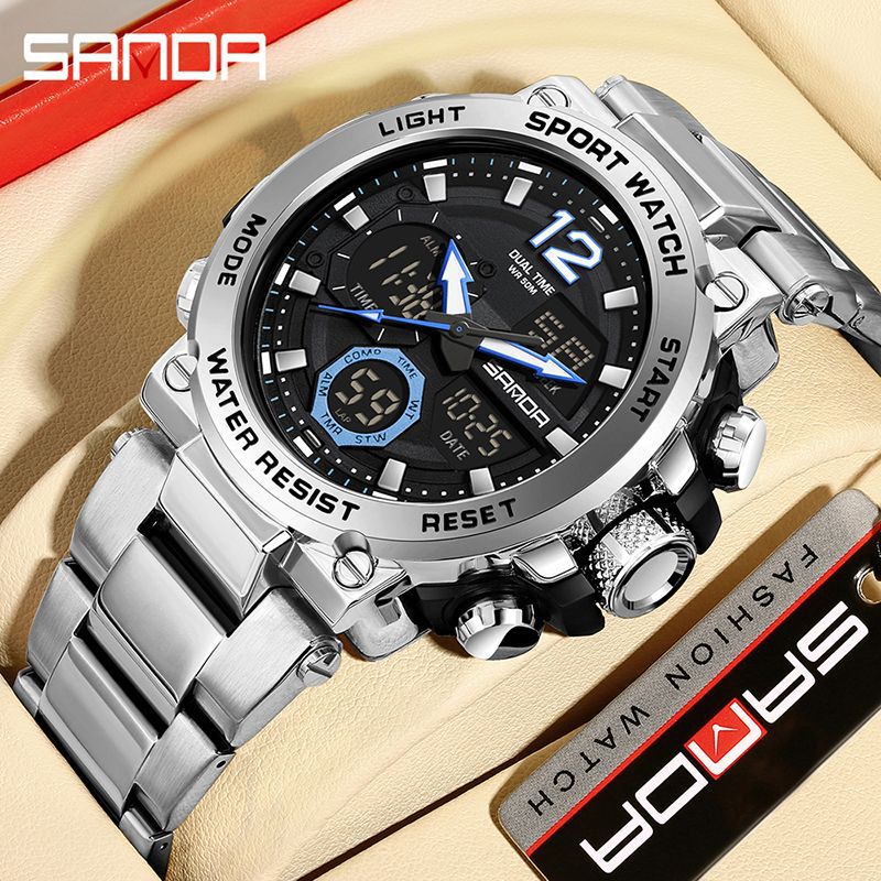 Sanda foreign trade best selling electronic watch fashion business steel band luminous wrist watch multi-functional dual display men's watch wholesale Rebel