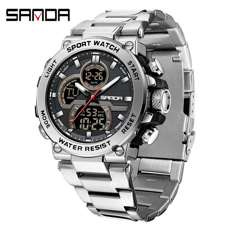Sanda foreign trade best selling electronic watch fashion business steel band luminous wrist watch multi-functional dual display men's watch wholesale Rebel
