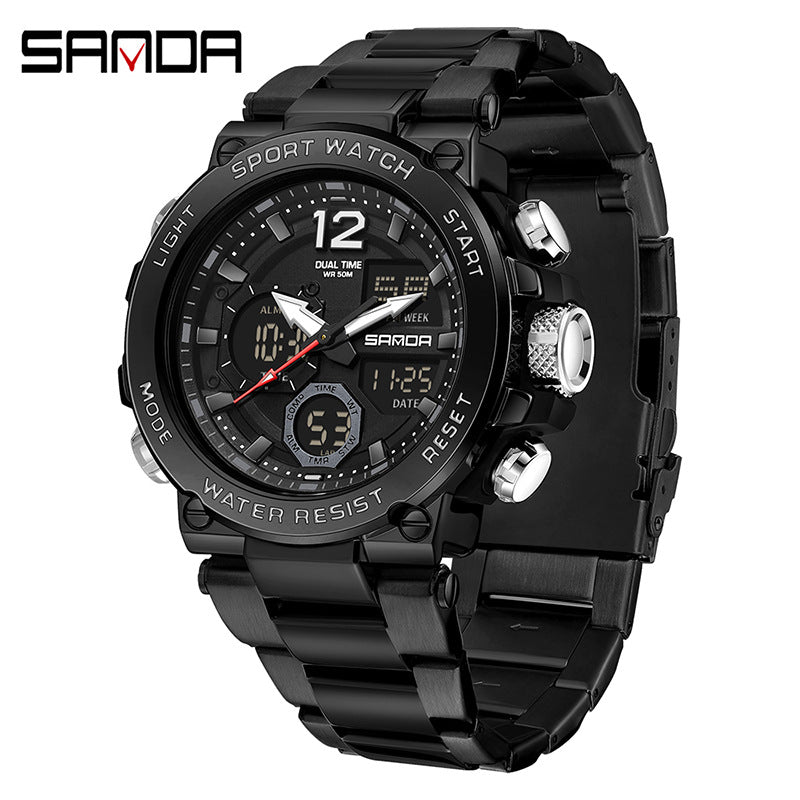 Sanda foreign trade best selling electronic watch fashion business steel band luminous wrist watch multi-functional dual display men's watch wholesale Rebel