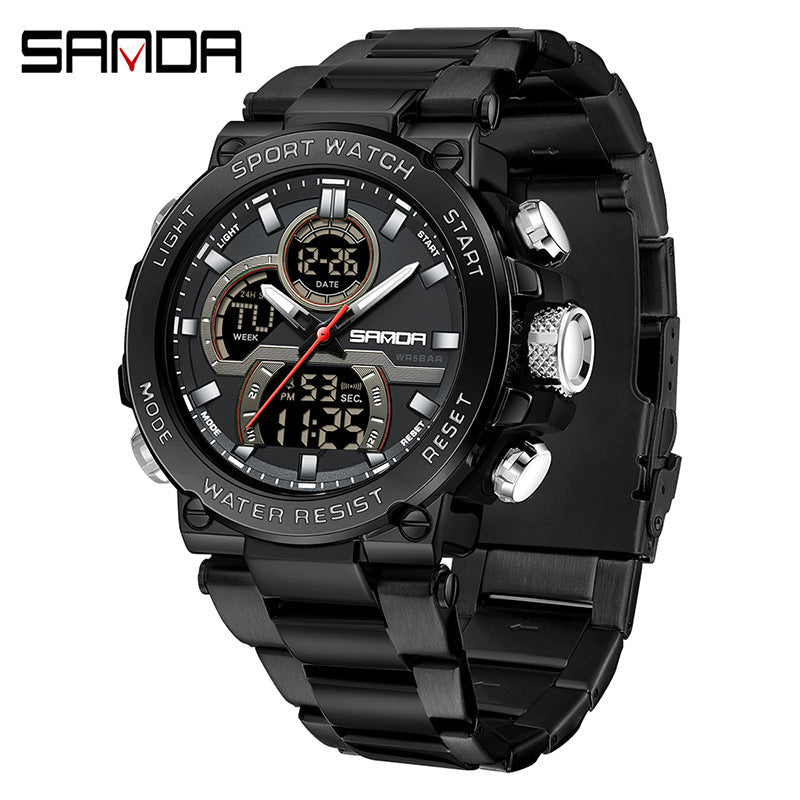 Sanda foreign trade best selling electronic watch fashion business steel band luminous wrist watch multi-functional dual display men's watch wholesale Rebel