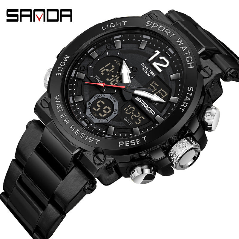 Sanda foreign trade best selling electronic watch fashion business steel band luminous wrist watch multi-functional dual display men's watch wholesale Rebel