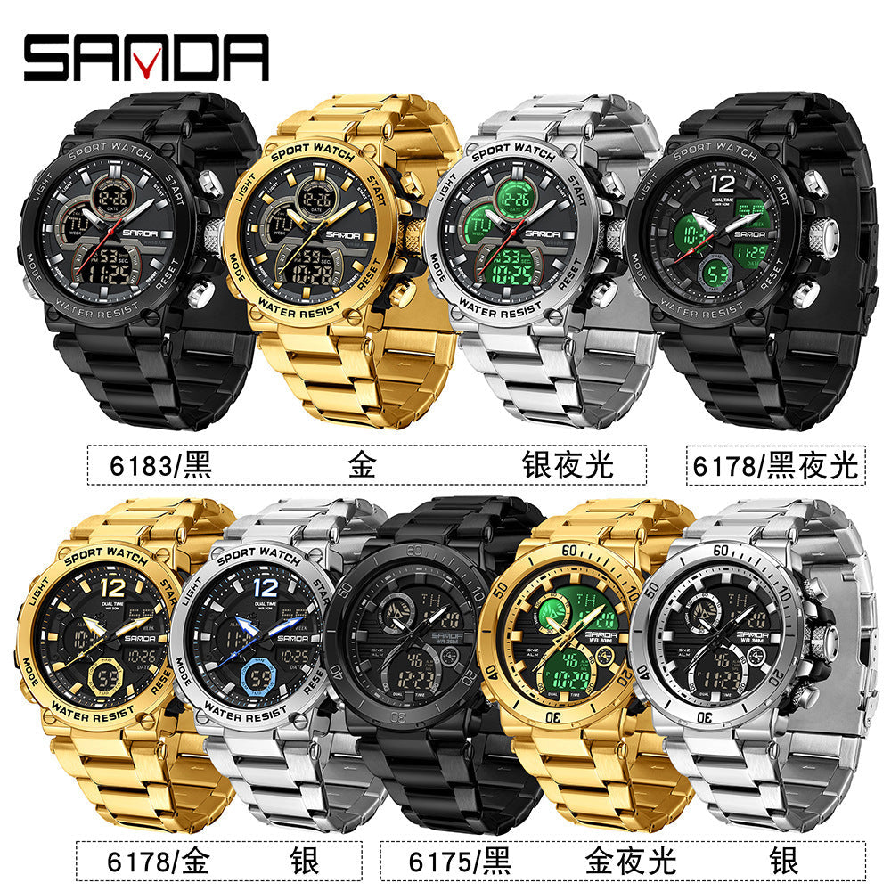 Sanda foreign trade best selling electronic watch fashion business steel band luminous wrist watch multi-functional dual display men's watch wholesale Rebel
