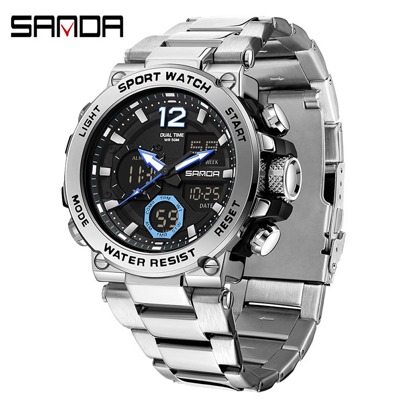 Sanda foreign trade best selling electronic watch fashion business steel band luminous wrist watch multi-functional dual display men's watch wholesale Rebel