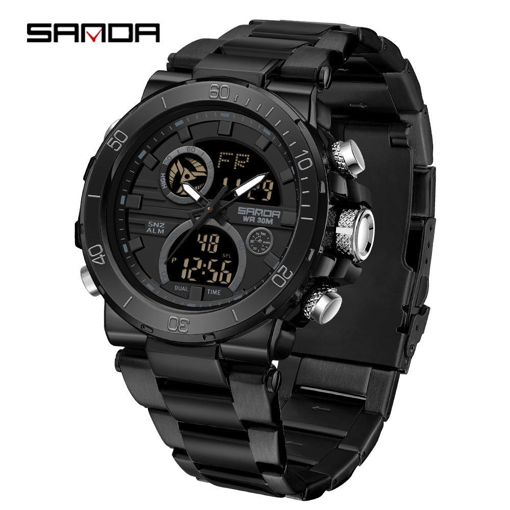 Sanda foreign trade best selling electronic watch fashion business steel band luminous wrist watch multi-functional dual display men's watch wholesale Rebel