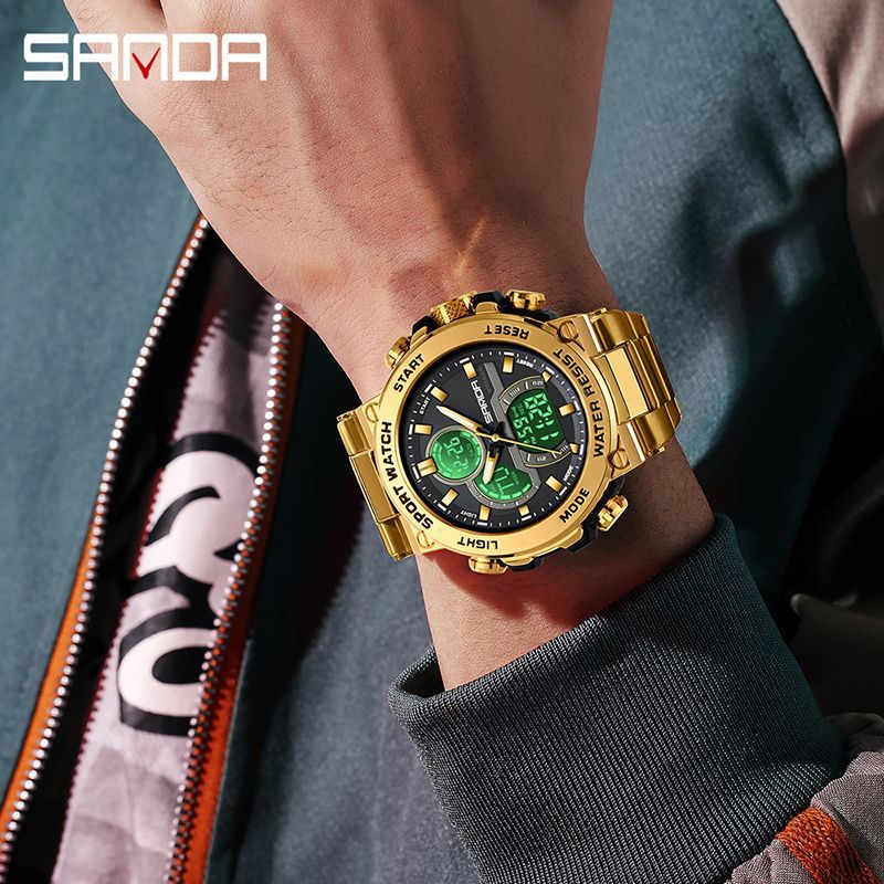 Sanda foreign trade best selling electronic watch fashion business steel band luminous wrist watch multi-functional dual display men's watch wholesale Rebel