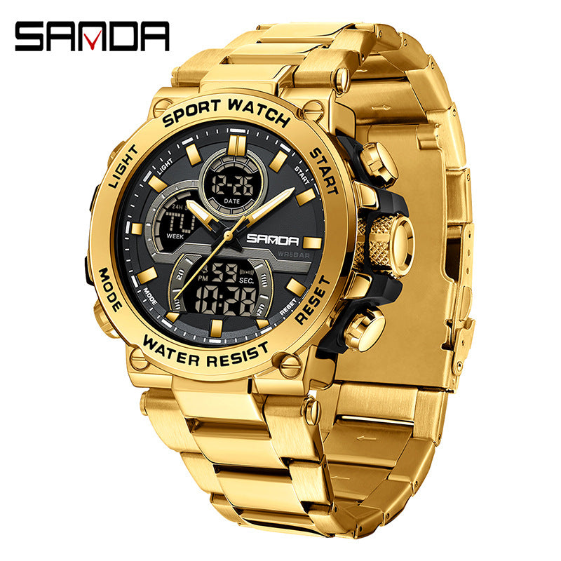 Sanda foreign trade best selling electronic watch fashion business steel band luminous wrist watch multi-functional dual display men's watch wholesale Rebel