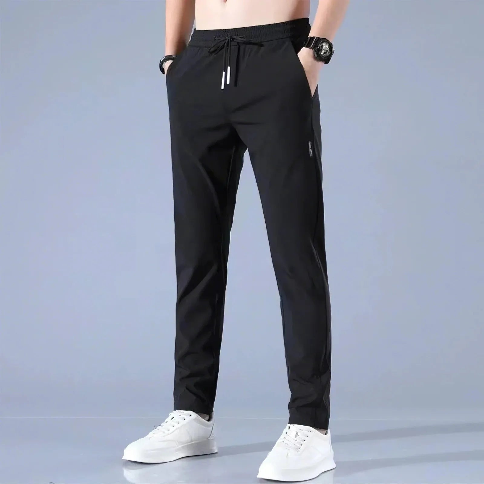 Men Fast Dry Stretch Pants Ice Silk Trousers Solid Color Mid-Waist Loose Breathable Straight-Leg Casual Pants Thin Sports Pants Rebel