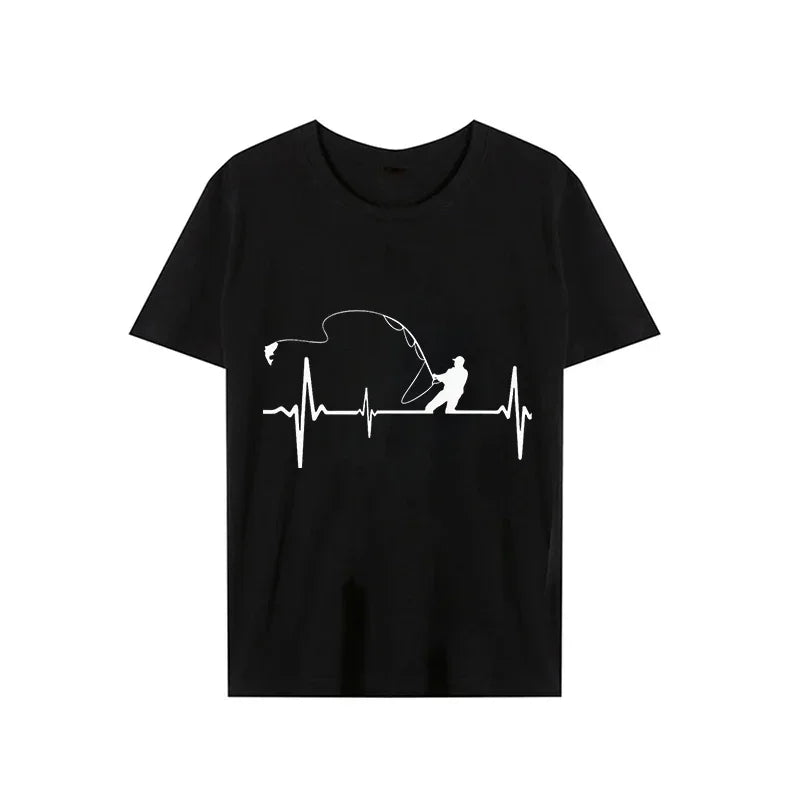 T-shirts for Men Fly Fishing Heartbeat Pulse Print Shirt Funny Short Sleeve T Shirts Summer Tops Tee Mens T Shirt Male Clothes Rebel
