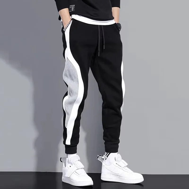 Autumn Men's Wide Loose Casual Pants Mens Patchwork Nine-point Sports  Elastic Rope Breathable Tie-foot Trousers Rebel