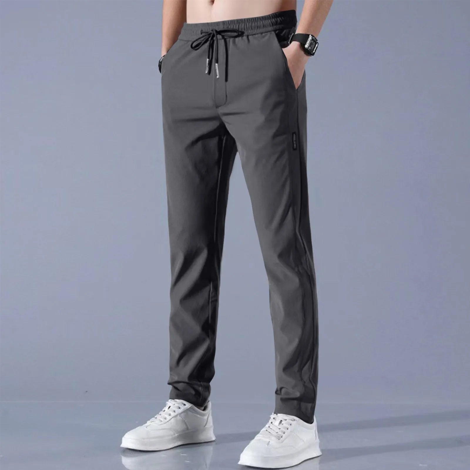 Men Fast Dry Stretch Pants Ice Silk Trousers Solid Color Mid-Waist Loose Breathable Straight-Leg Casual Pants Thin Sports Pants Rebel