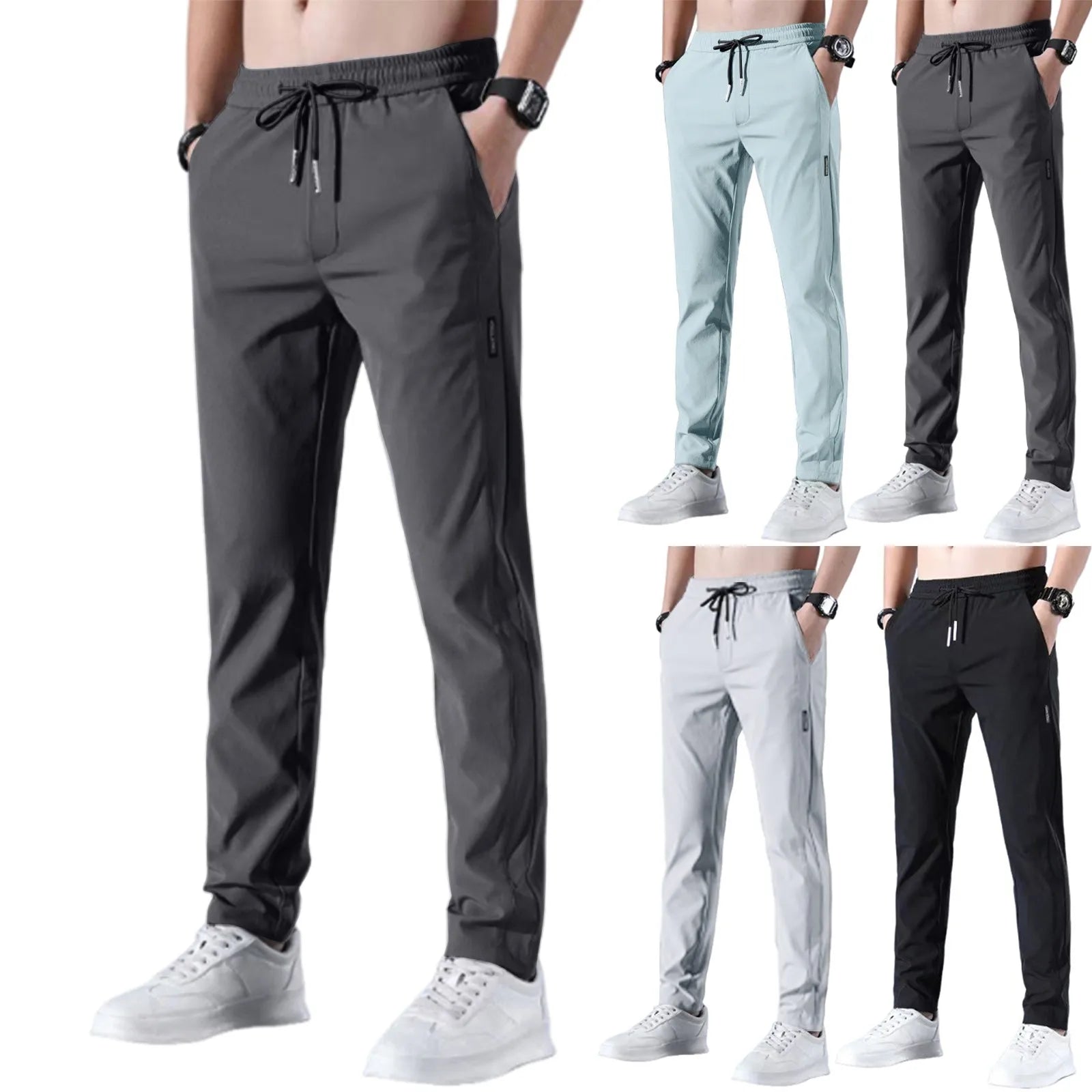 Men Fast Dry Stretch Pants Ice Silk Trousers Solid Color Mid-Waist Loose Breathable Straight-Leg Casual Pants Thin Sports Pants Rebel