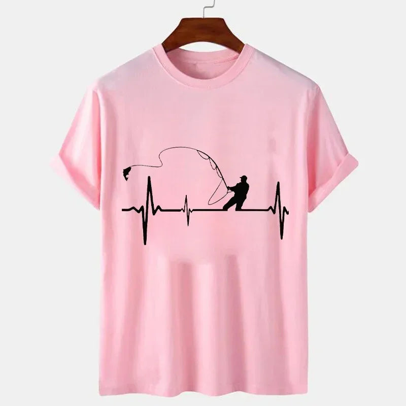 T-shirts for Men Fly Fishing Heartbeat Pulse Print Shirt Funny Short Sleeve T Shirts Summer Tops Tee Mens T Shirt Male Clothes Rebel