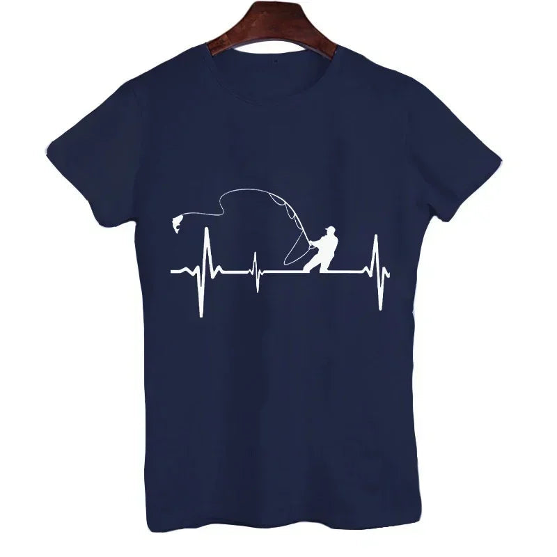 T-shirts for Men Fly Fishing Heartbeat Pulse Print Shirt Funny Short Sleeve T Shirts Summer Tops Tee Mens T Shirt Male Clothes Rebel