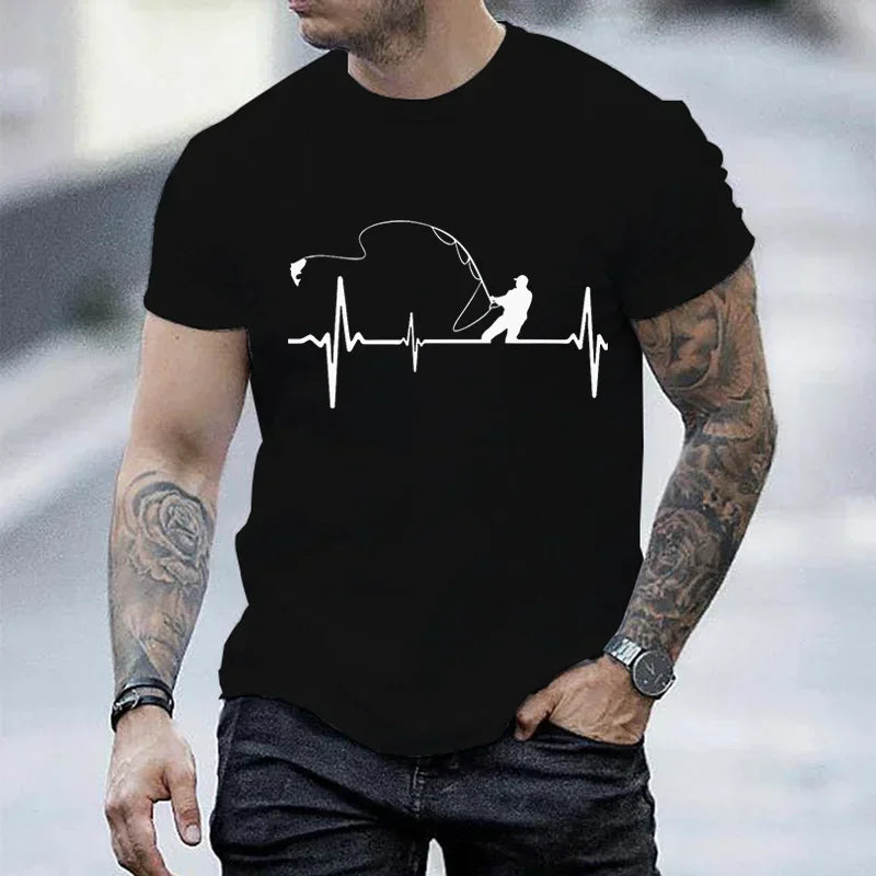 T-shirts for Men Fly Fishing Heartbeat Pulse Print Shirt Funny Short Sleeve T Shirts Summer Tops Tee Mens T Shirt Male Clothes Rebel