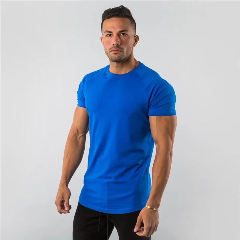 Cotton Plain Tops Tees Fitness Mens T Shirt Short Sleeve Muscle Joggers Bodybuilding Tshirt Male Gym Clothes Slim Fit Shirt Rebel