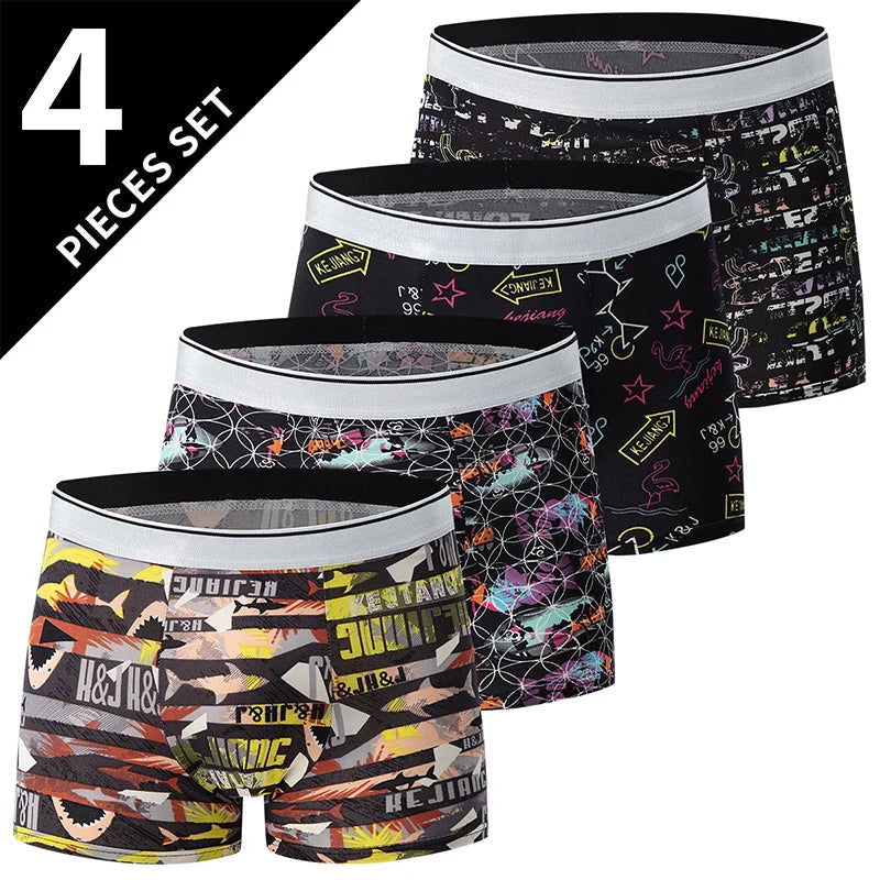 4/5Pcs European and American Size MEN'S Printed Fashion Boyshort Comfortable MEN'S Waist plus Size Underwear Sexy Swimming Trunk Rebel