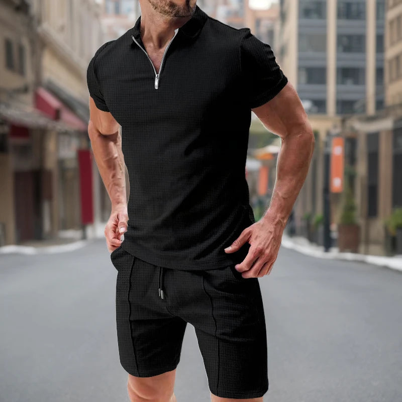Summer Men Sports Polo Suit Short Sleeve Stylish Zipper Polo Shirt And Shorts Set Men Casual Streetwear 2-pie Leisure Sports Set Rebel