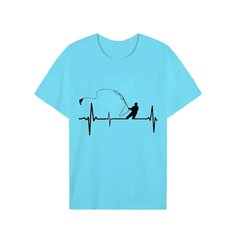 T-shirts for Men Fly Fishing Heartbeat Pulse Print Shirt Funny Short Sleeve T Shirts Summer Tops Tee Mens T Shirt Male Clothes Rebel