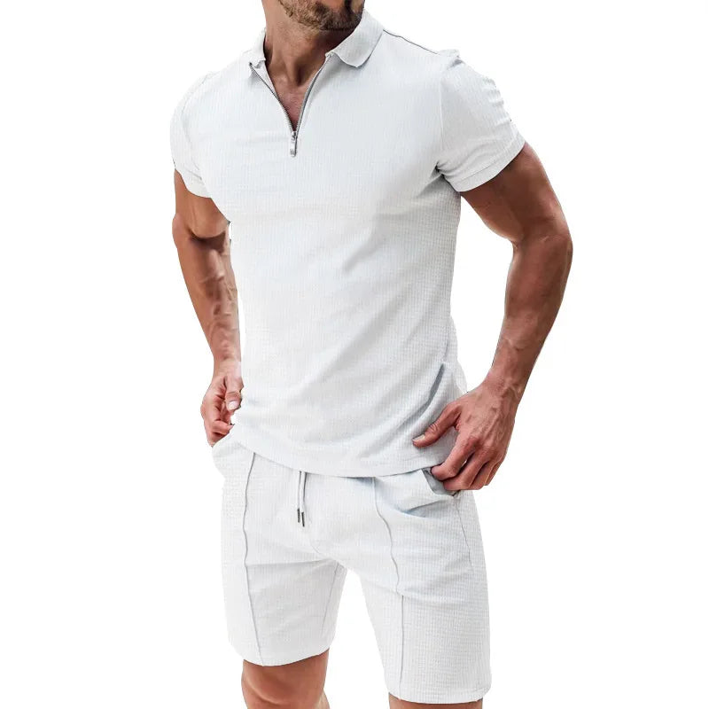 Summer Men Sports Polo Suit Short Sleeve Stylish Zipper Polo Shirt And Shorts Set Men Casual Streetwear 2-pie Leisure Sports Set Rebel
