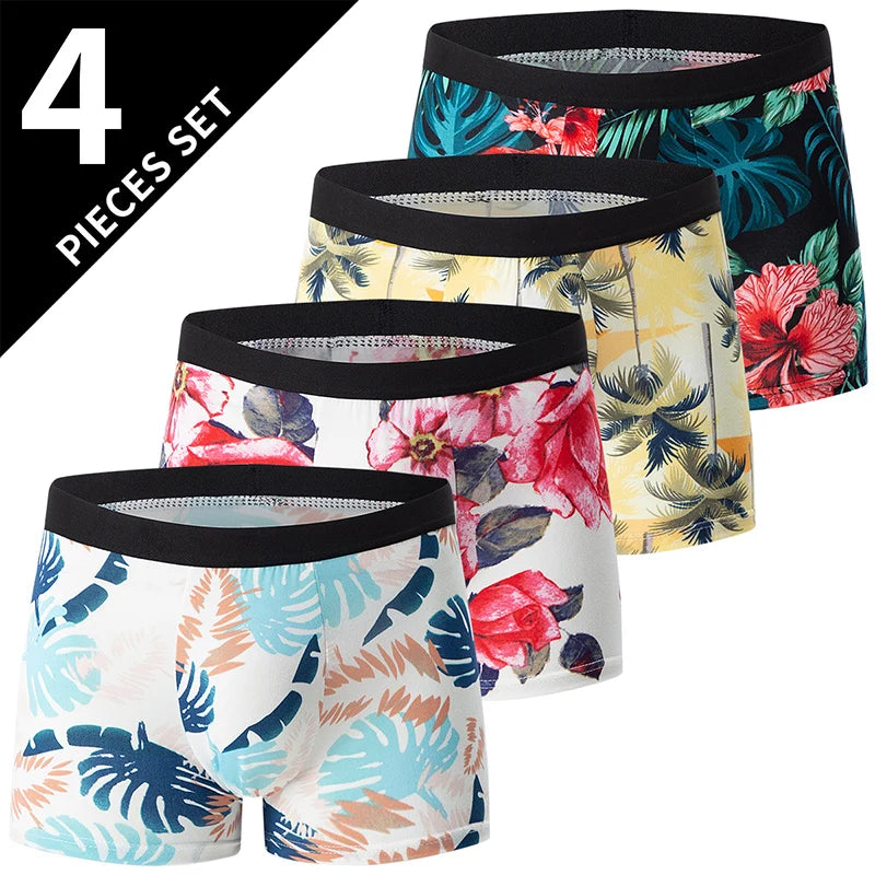 4/5Pcs European and American Size MEN'S Printed Fashion Boyshort Comfortable MEN'S Waist plus Size Underwear Sexy Swimming Trunk Rebel