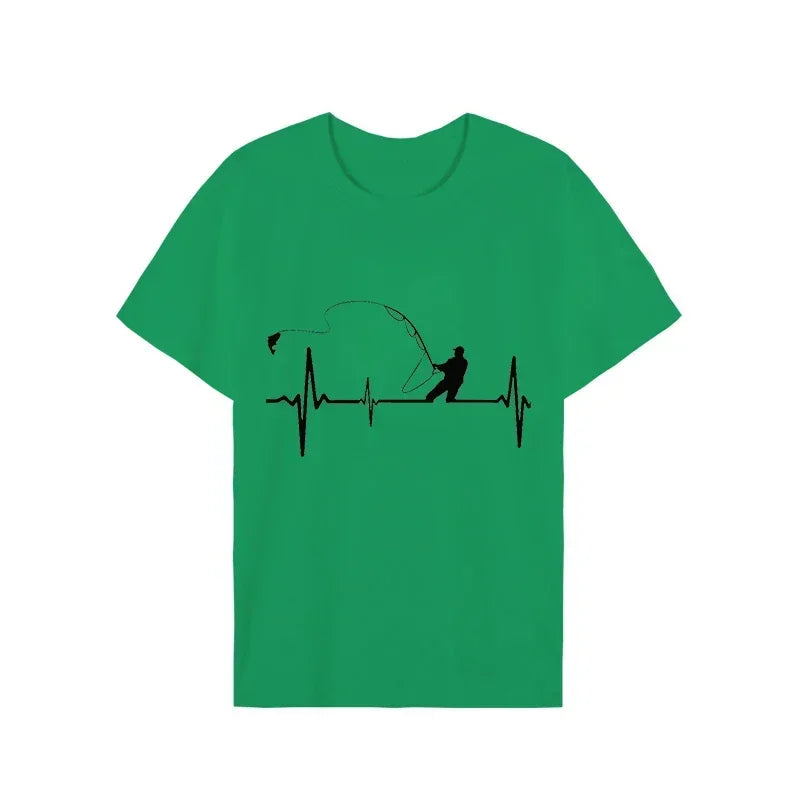 T-shirts for Men Fly Fishing Heartbeat Pulse Print Shirt Funny Short Sleeve T Shirts Summer Tops Tee Mens T Shirt Male Clothes Rebel