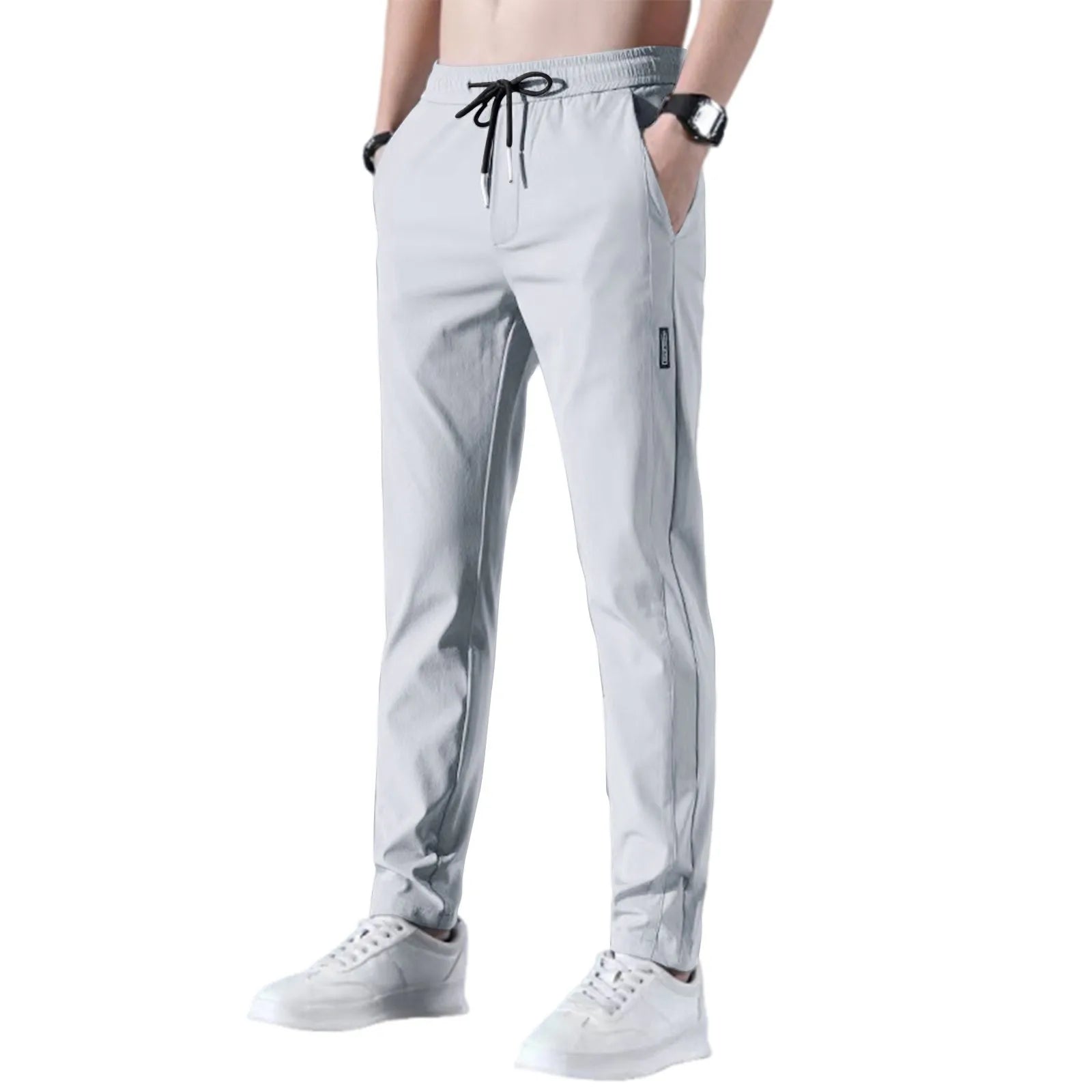 Men Fast Dry Stretch Pants Ice Silk Trousers Solid Color Mid-Waist Loose Breathable Straight-Leg Casual Pants Thin Sports Pants Rebel