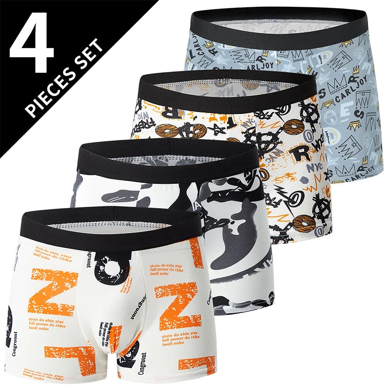 4/5Pcs European and American Size MEN'S Printed Fashion Boyshort Comfortable MEN'S Waist plus Size Underwear Sexy Swimming Trunk Rebel