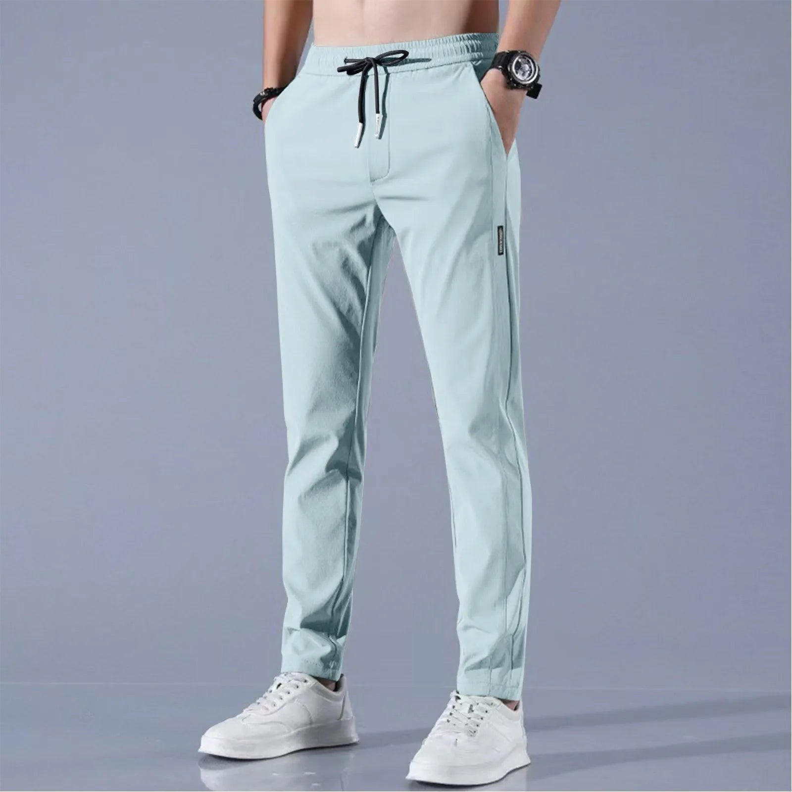 Men Fast Dry Stretch Pants Ice Silk Trousers Solid Color Mid-Waist Loose Breathable Straight-Leg Casual Pants Thin Sports Pants Rebel