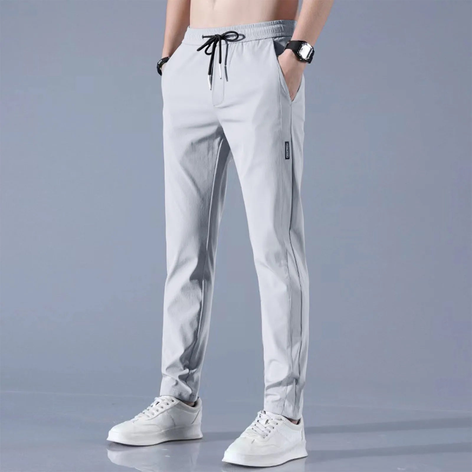 Men Fast Dry Stretch Pants Ice Silk Trousers Solid Color Mid-Waist Loose Breathable Straight-Leg Casual Pants Thin Sports Pants Rebel