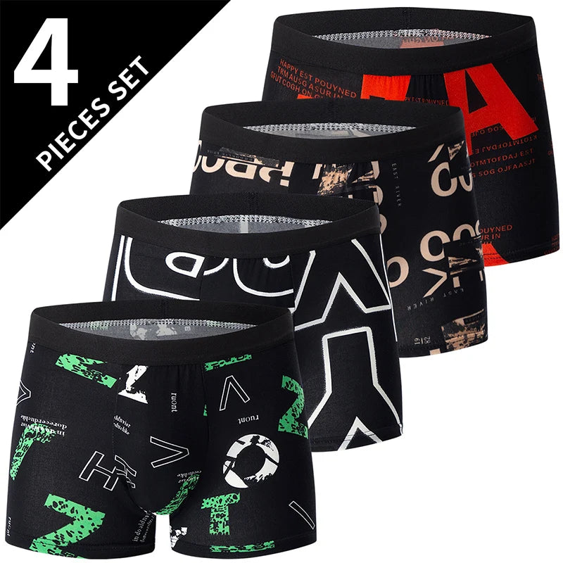 4/5Pcs European and American Size MEN'S Printed Fashion Boyshort Comfortable MEN'S Waist plus Size Underwear Sexy Swimming Trunk Rebel