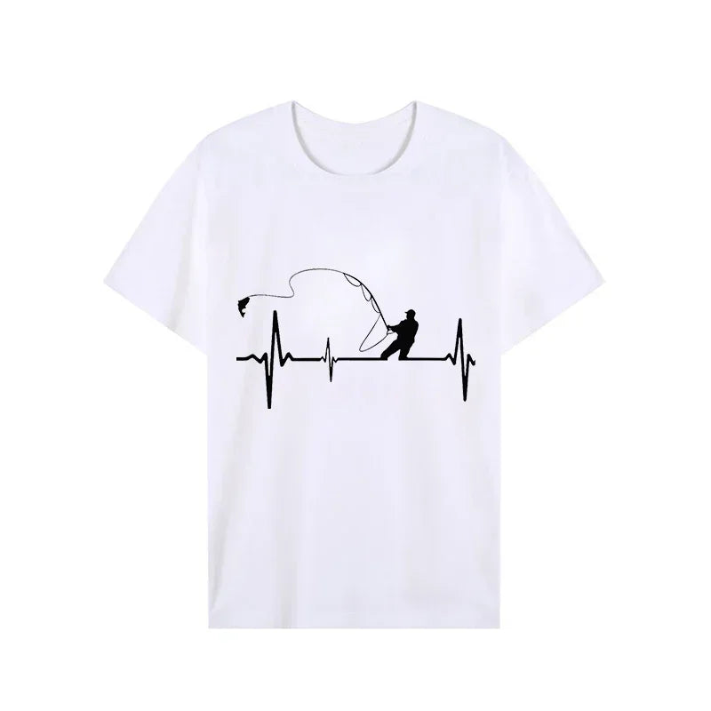 T-shirts for Men Fly Fishing Heartbeat Pulse Print Shirt Funny Short Sleeve T Shirts Summer Tops Tee Mens T Shirt Male Clothes Rebel
