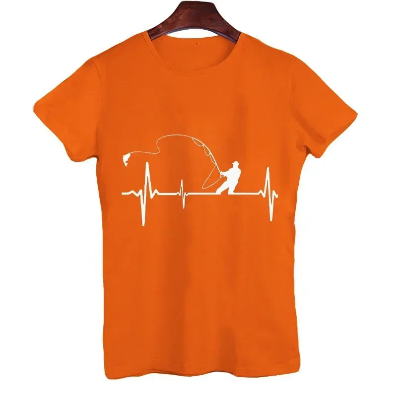 T-shirts for Men Fly Fishing Heartbeat Pulse Print Shirt Funny Short Sleeve T Shirts Summer Tops Tee Mens T Shirt Male Clothes Rebel