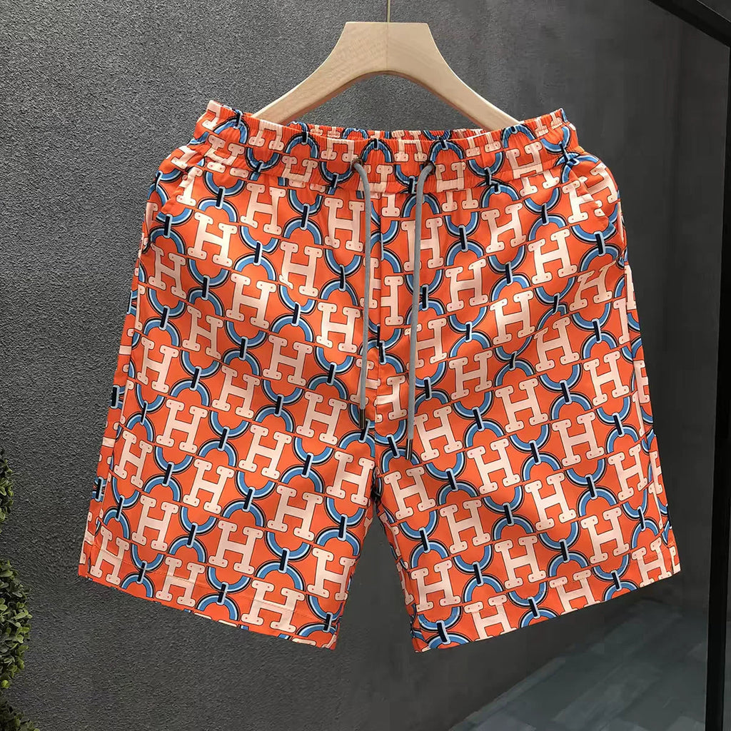 Men Orange Full H Letter Beach Shorts Quick Dry Casual Pocket Swim Trunks Summer Holiday Luxury Pattern Sports Board Short Pants Rebel