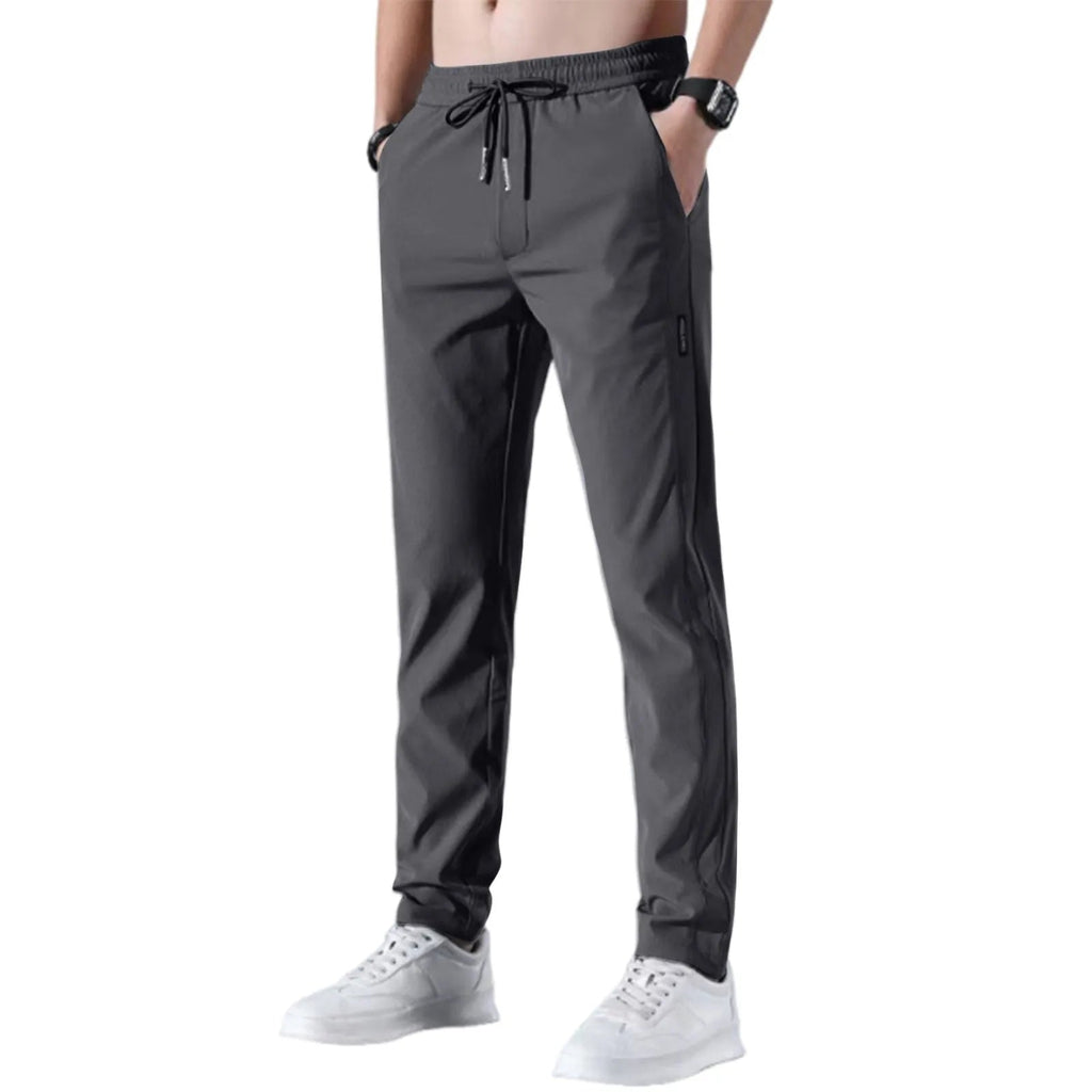 Men Fast Dry Stretch Pants Ice Silk Trousers Solid Color Mid-Waist Loose Breathable Straight-Leg Casual Pants Thin Sports Pants Rebel