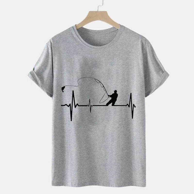 T-shirts for Men Fly Fishing Heartbeat Pulse Print Shirt Funny Short Sleeve T Shirts Summer Tops Tee Mens T Shirt Male Clothes Rebel