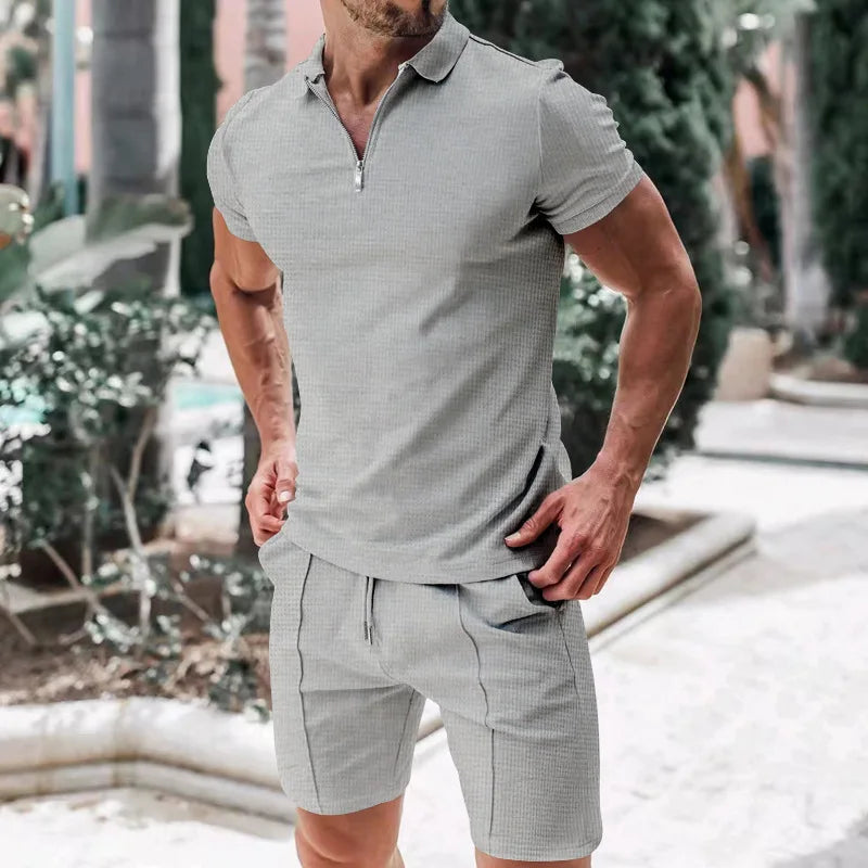 Summer Men Sports Polo Suit Short Sleeve Stylish Zipper Polo Shirt And Shorts Set Men Casual Streetwear 2-pie Leisure Sports Set Rebel