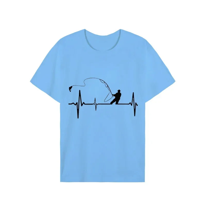 T-shirts for Men Fly Fishing Heartbeat Pulse Print Shirt Funny Short Sleeve T Shirts Summer Tops Tee Mens T Shirt Male Clothes Rebel
